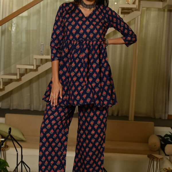 Navy Blue And Red Floral Print Cotton Co-ord Set for Women ? Peplum Kurta & Straight Pants, Casual Ethnic Wear