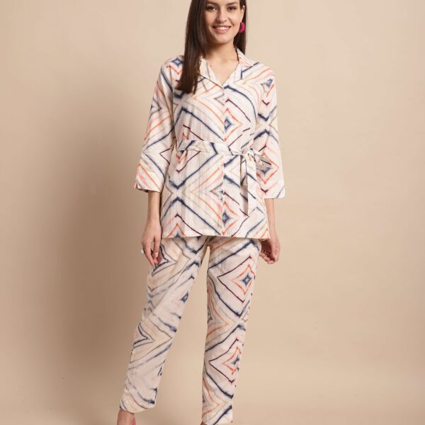 Women's Pure Cotton Printed Collared Top and Pant Co-ord Set (White)