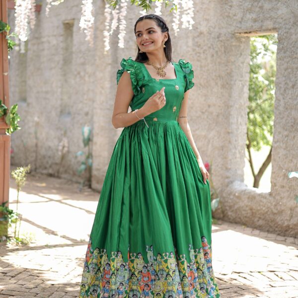 Green Designer Dola Silk Printed Gown ? Sleeveless Fancy Square Neck Ready-to-Wear Dress
