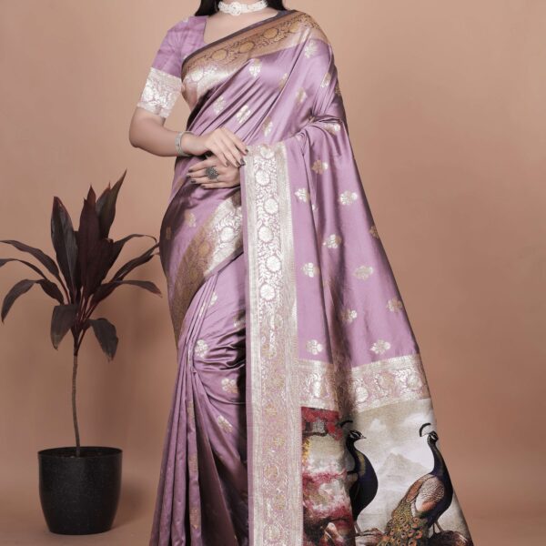 Lavender Banarasi Silk Saree with Golden Zari & Peacock Motif Pallu | Wedding, Festive & Traditional Wear