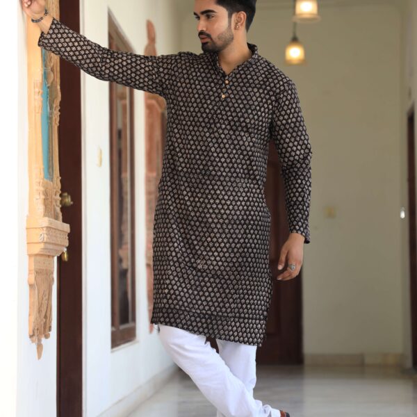 Mens Black Printed Cotton Kurta with White Pajama ? Traditional Ethnic Wear for Parties & Festivals