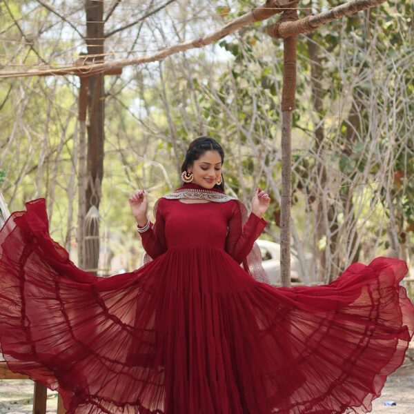 Maroon Premium Faux Georgette Designer Gown with Sequined Dupatta ? Fully Flaired Ready-to-Wear Set