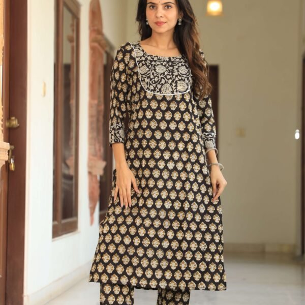 Black & Brown Printed Cotton Kurta Set for Women ? Embroidered Neckline & Straight Pants
