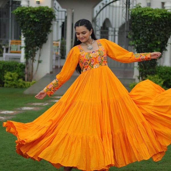 Yellow Navratri Special 14 Kg Reyon Designer Gown with Kutchi Gamthi Work ? Flared Ethnic Wear for Women