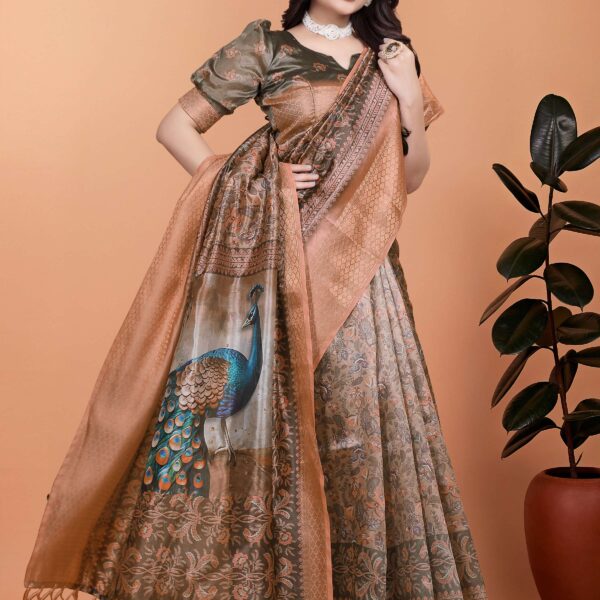 Bronze & Olive Green Soft Silk Saree with Majestic Peacock Pallu