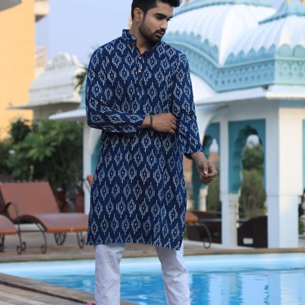Mens Blue Printed Cotton Kurta with White Pajama ? Elegant Traditional & Ethnic Wear