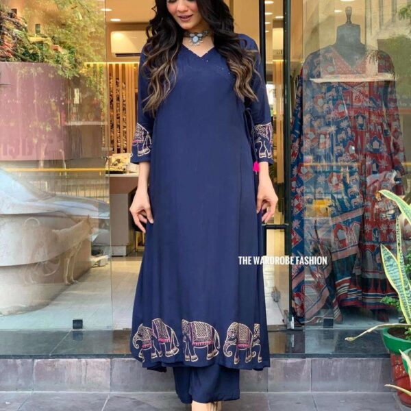 Women's Rayon Embroidered Straight Kurti With Pant Set