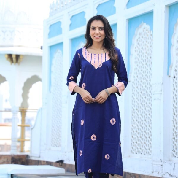 Women?s Navy Blue Cotton Kurta Set with Peach Print ? Elegant Ethnic Wear