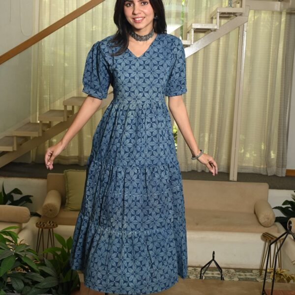Blue Floral Printed Cotton Anarkali Maxi Dress with Puff Sleeves Elegant Casual Wear