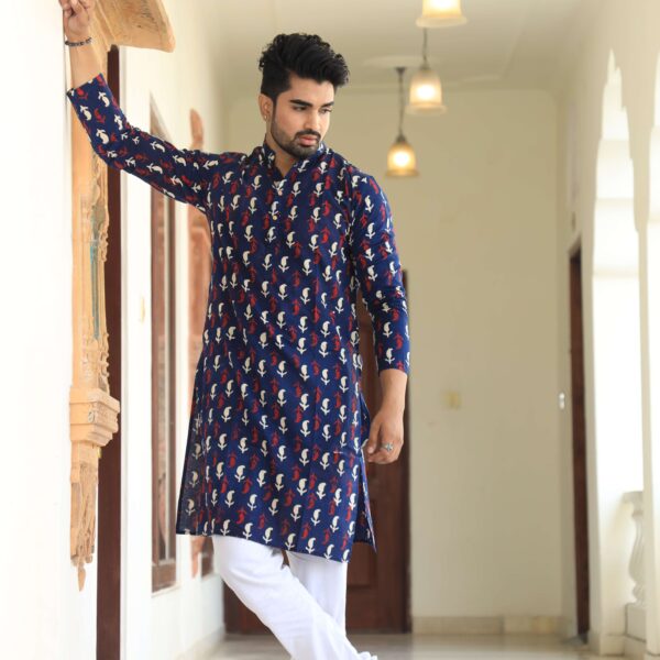 Mens Navy Blue Printed Cotton Kurta with White Pajama ? Traditional Ethnic Wear for Festive & Wedding