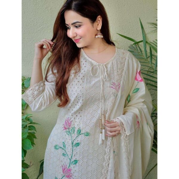 Women's Cotton Hand-Painted Chicken Shifli Straight Kurti With Pant and Mulmul Dupatta Set