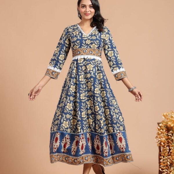 Blue Floral Anarkali Maxi Dress with Ethnic Border Detailing