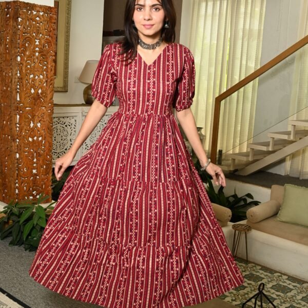 Red Printed Cotton Anarkali Maxi Dress with Puff Sleeves Elegant Casual Wear