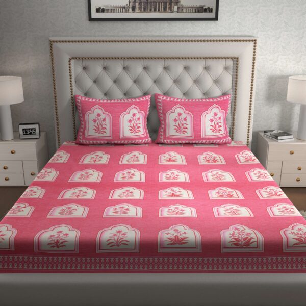 Pink Jaipuri-Style Floral Printed Double Bedsheet With Two Matching Pillow Covers