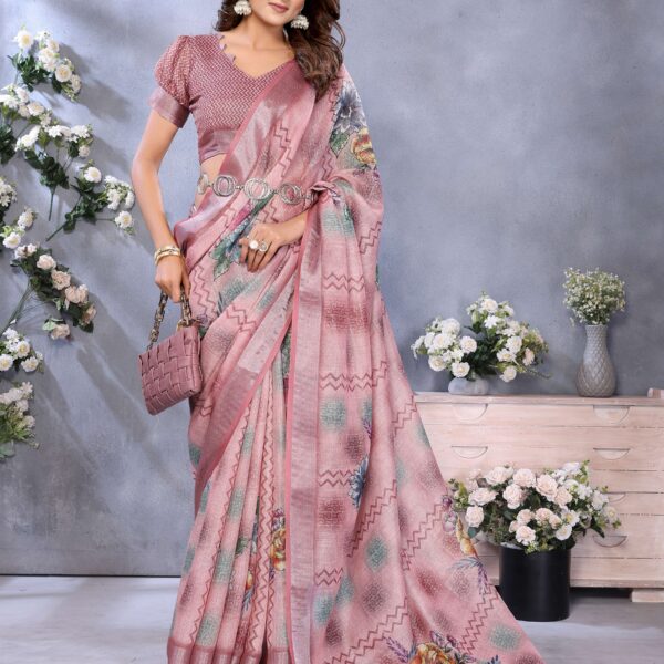 Dusty Rose Floral Printed Linen Saree