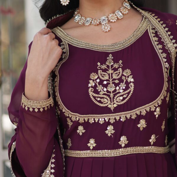 Wine Faux Blooming Georgette Sequins Embroidered Gown with Matching Dupatta