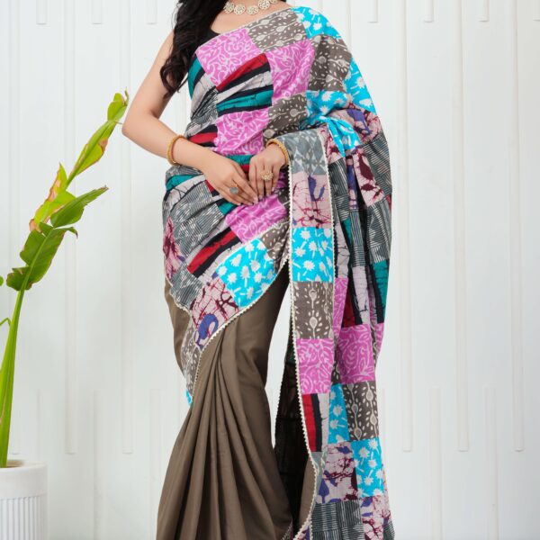 Women's Multicolor Patchwork Printed Saree with Brown Base Blouse Piece Stylish Ethnic Wear