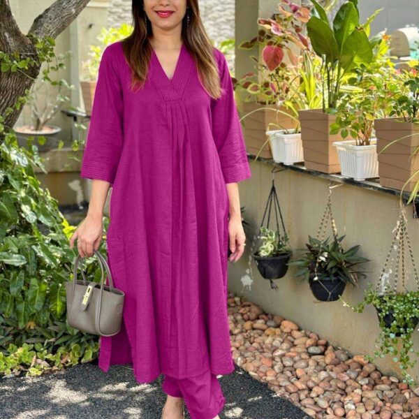 Women's Cotton Plain Coard set A-Line Straight Kurti With Pant