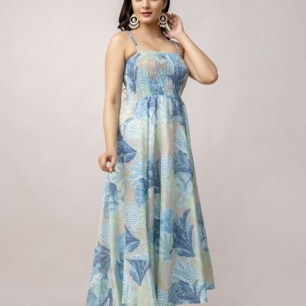 Women's Silk Printed Shoulder Straps Sleeveless Anarkali Gown Drees (Sky Blue)