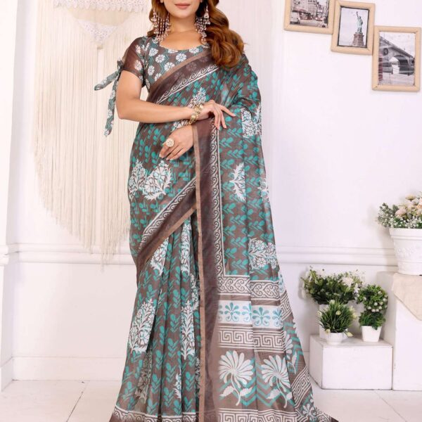 Elegant Brown Chanderi Saree with Floral & Geometric Digital Print ? Trendy Ethnic Wear