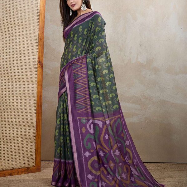 Dark Green & Purple Ikat Printed Chanderi Saree ? Festive & Wedding Wear