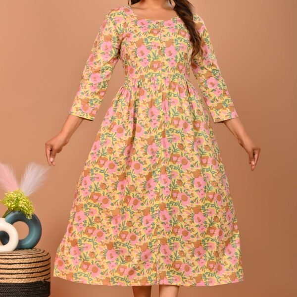 Pink Floral Printed A-Line Midi Dress with 3/4th Sleeves ? Elegant Casual & Party Wear