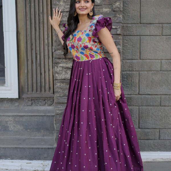 Wine Maslin & Chinon Designer Gown with Embroidery ? Elegant Ready-to-Wear Women?s Dress