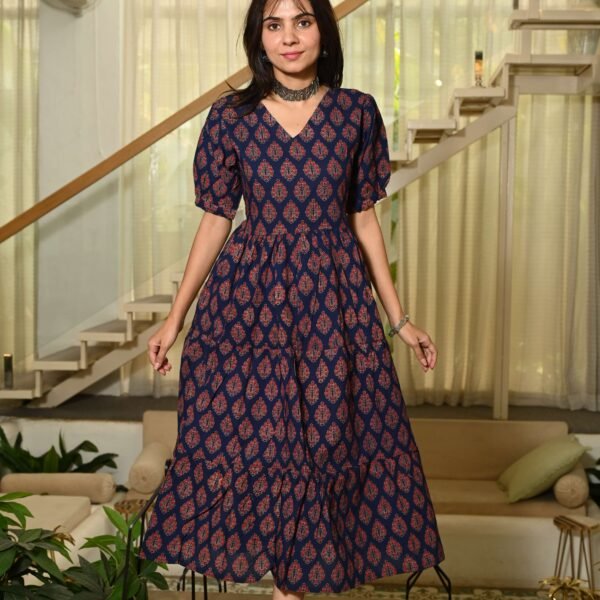 Navy Blue Printed Cotton Anarkali Maxi Dress with Puff Sleeves Elegant Casual Wear