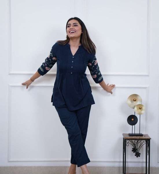 Women's Cotton Embroidery Straight Short kurti With Pant set