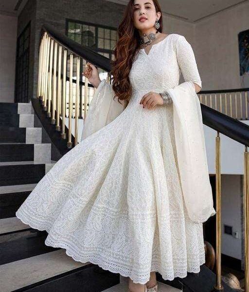 Women's Cotton Chikankari Long Anarkali Kurti With Dupatta (White)