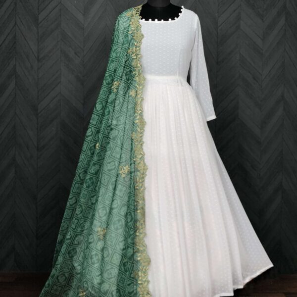 Elegant White And Green Georgette Gown with Soft Organza Dupatta ? Premium Designer Ready-to-Wear Set
