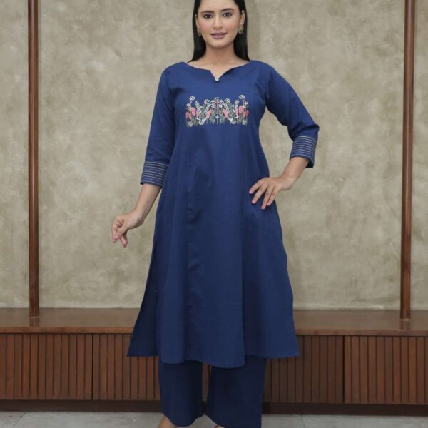 Women's Cotton Embroidered Straight Kurti With Pant Set