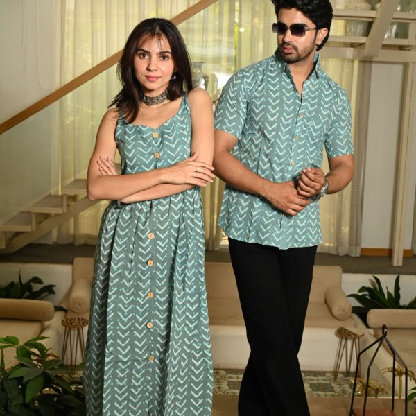 Couple Matching Outfit ? Teal Green Cotton Printed Midi Dress & Shirt Set, Summer Casual Wear