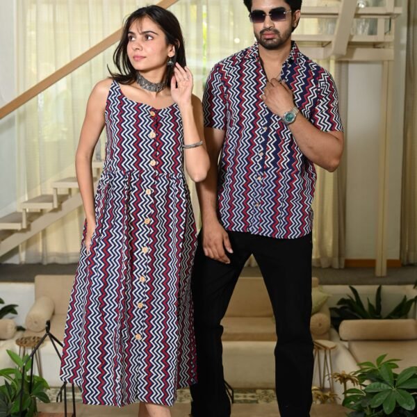 Couple Matching Outfit ? Chevron Print Cotton Midi Dress & Shirt Set, Navy Blue Maroon White, Casual Ethnic Wear