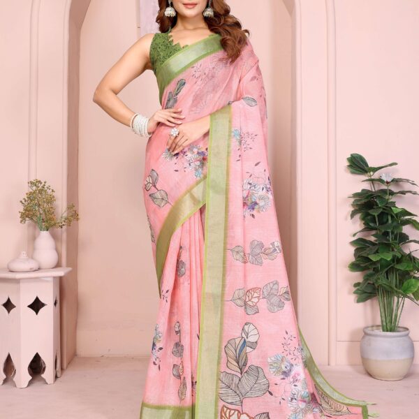 Graceful Pastel Pink Linen Cotton Saree with Multicolor Floral Prints & Green Tassel Border