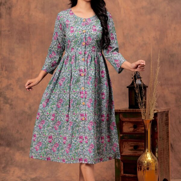 Grey & Pink Floral Printed Cotton Midi Dress with Button-Down Front