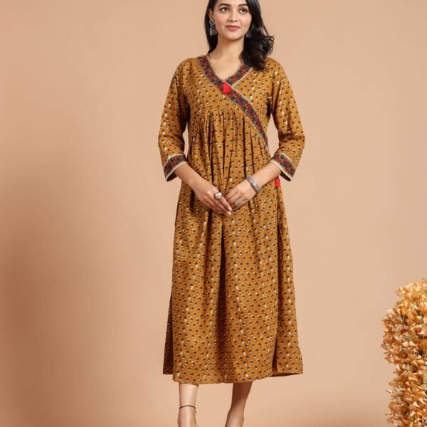 Mustard Yellow Printed Empire Waist Midi Dress with V-Neck & 3/4 Sleeves ? Ethnic Casual Wear