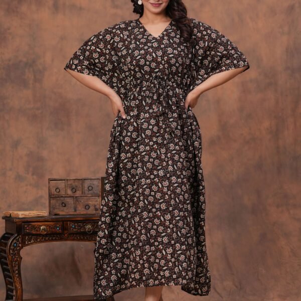 Women's Black Cotton Floral Printed Kaftan Dress with Drawstring Waist