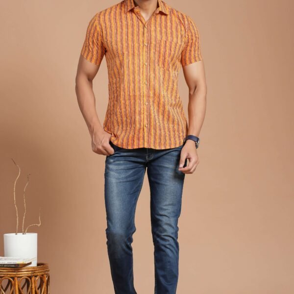 Men's Bright Orange Striped Printed Cotton Short-Sleeve Shirt ? Casual Summer Wear