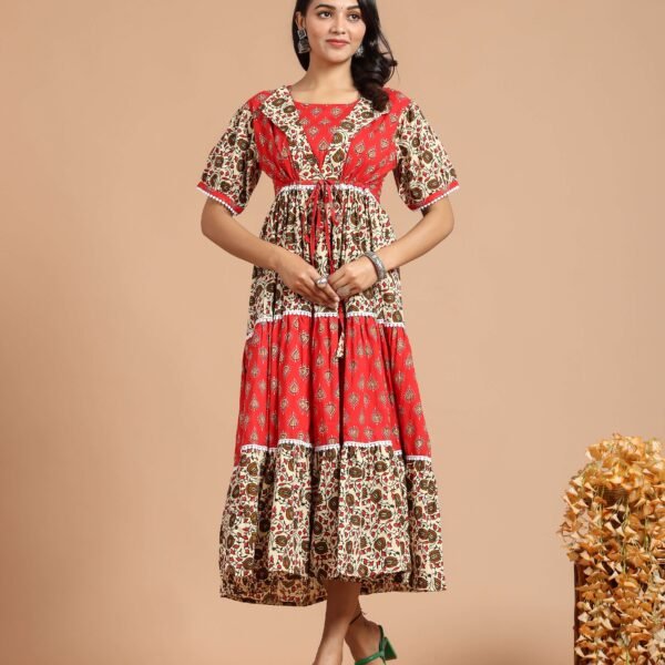 Red & Beige Printed Tiered Maxi Dress with Short Sleeves & Waist Tie ? Ethnic Boho Fusion Wear