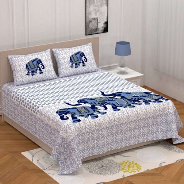 Jaipuri Printed Cotton Double Bed Bedsheet And two pillow covers An Elephant Pattern.