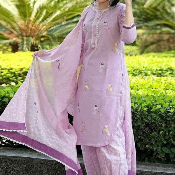 Women's Cotton Embroidered Straight Kurti with pant and Dupatta Set