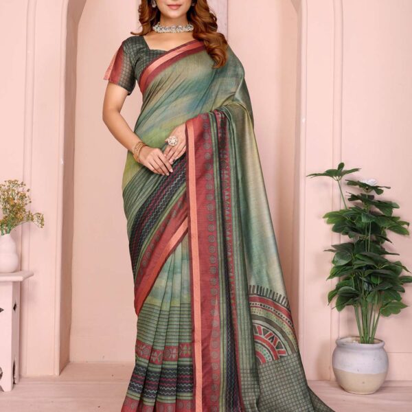 Green & Maroon Black Chanderi Saree ? Tribal & Geometric Prints with Tassel Border