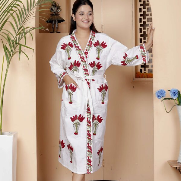 Handcrafted Cotton Block Printed Long Robe | Comfortable Loungewear & Bathrobe for Women