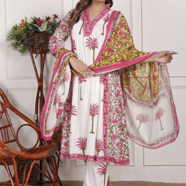 Women's Cotton Printed Straight Kurti With Pant and Dupatta Set (White Pink)