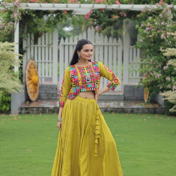 Vibrant Roman Fabric Navratri Lehenga Choli Set with Koti Blouse