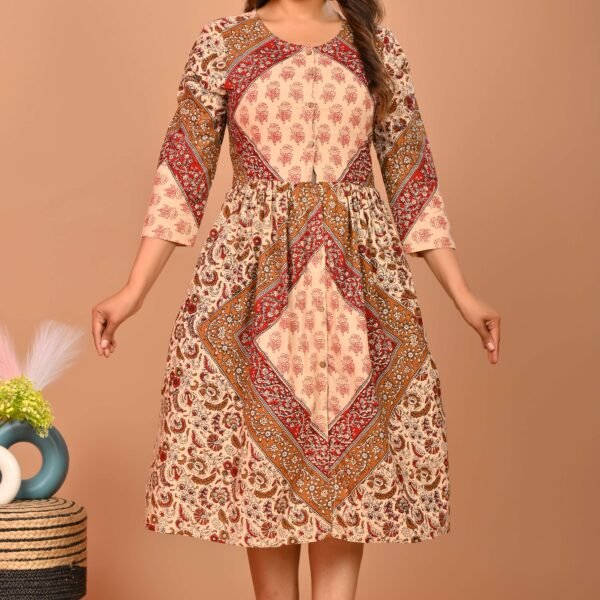 Beige & Red Block Print A-Line Midi Dress with Ethnic Motifs and 3/4 Sleeves ? Festive & Casual Wear
