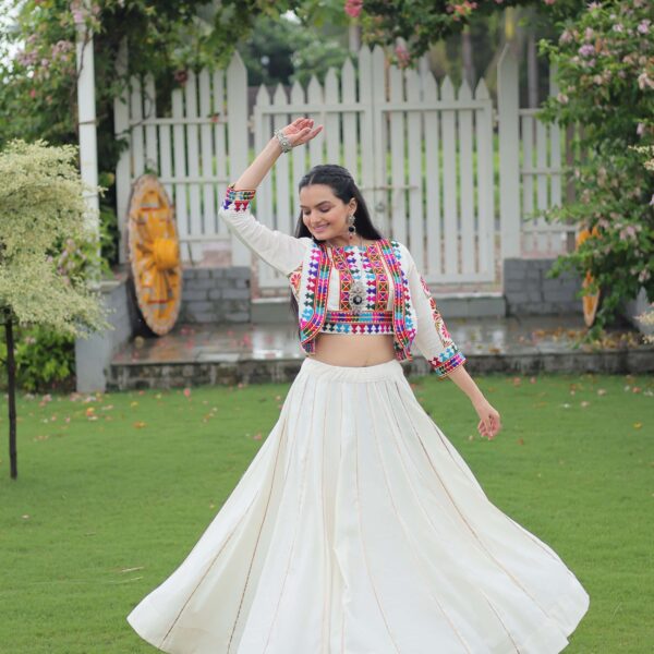 Vibrant Roman Fabric Navratri Lehenga Choli Set with Koti Blouse