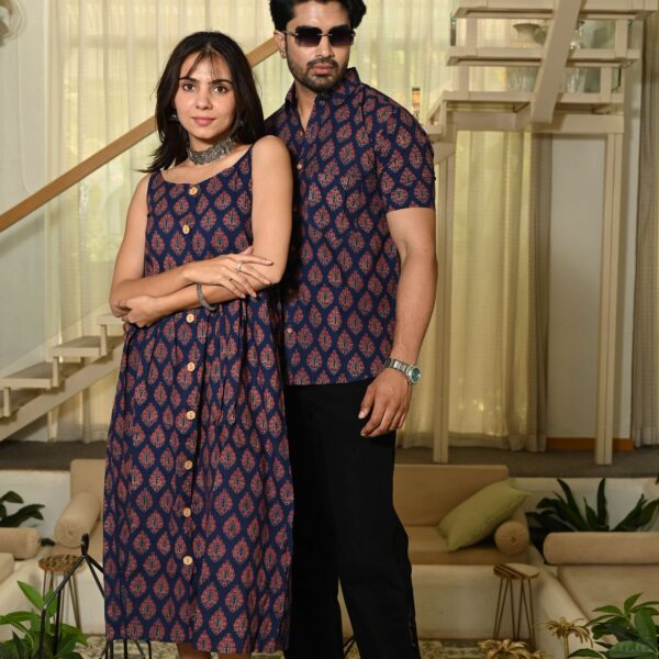 Couple Matching Outfit ? Navy Blue Leaf Print Cotton Midi Dress & Shirt Set, Festive Ethnic Wear