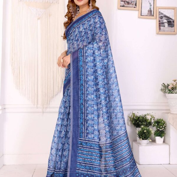 Elegant White Chanderi Saree with Digital Blue Floral Print ? Modern & Chic